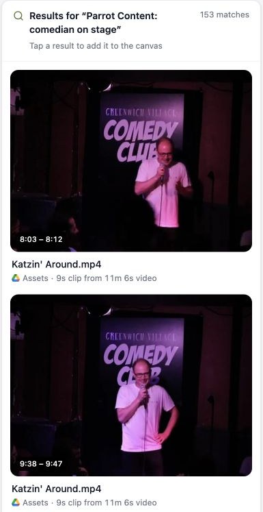 Current Parrot Content asset search results for comedian on stage, showing visual thumbnails, timestamps, and Google Drive library sources