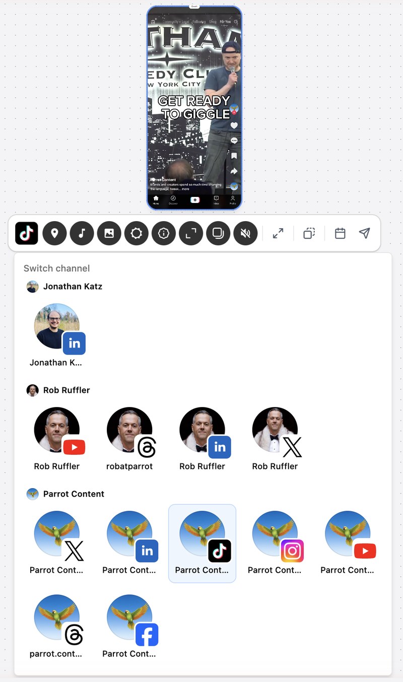The TikTok post back on the Parrot Content canvas as a TikTok preview, with the channel picker open on every connected account
